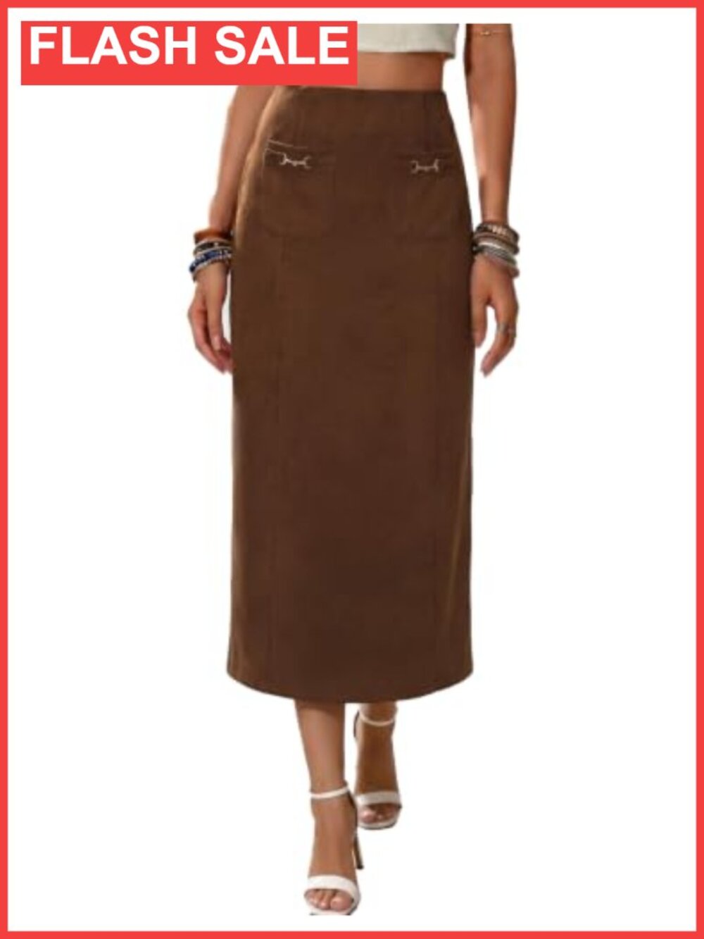 Faux Suede Midi Skirt with Pockets High Waisted A-Line Long Skirt